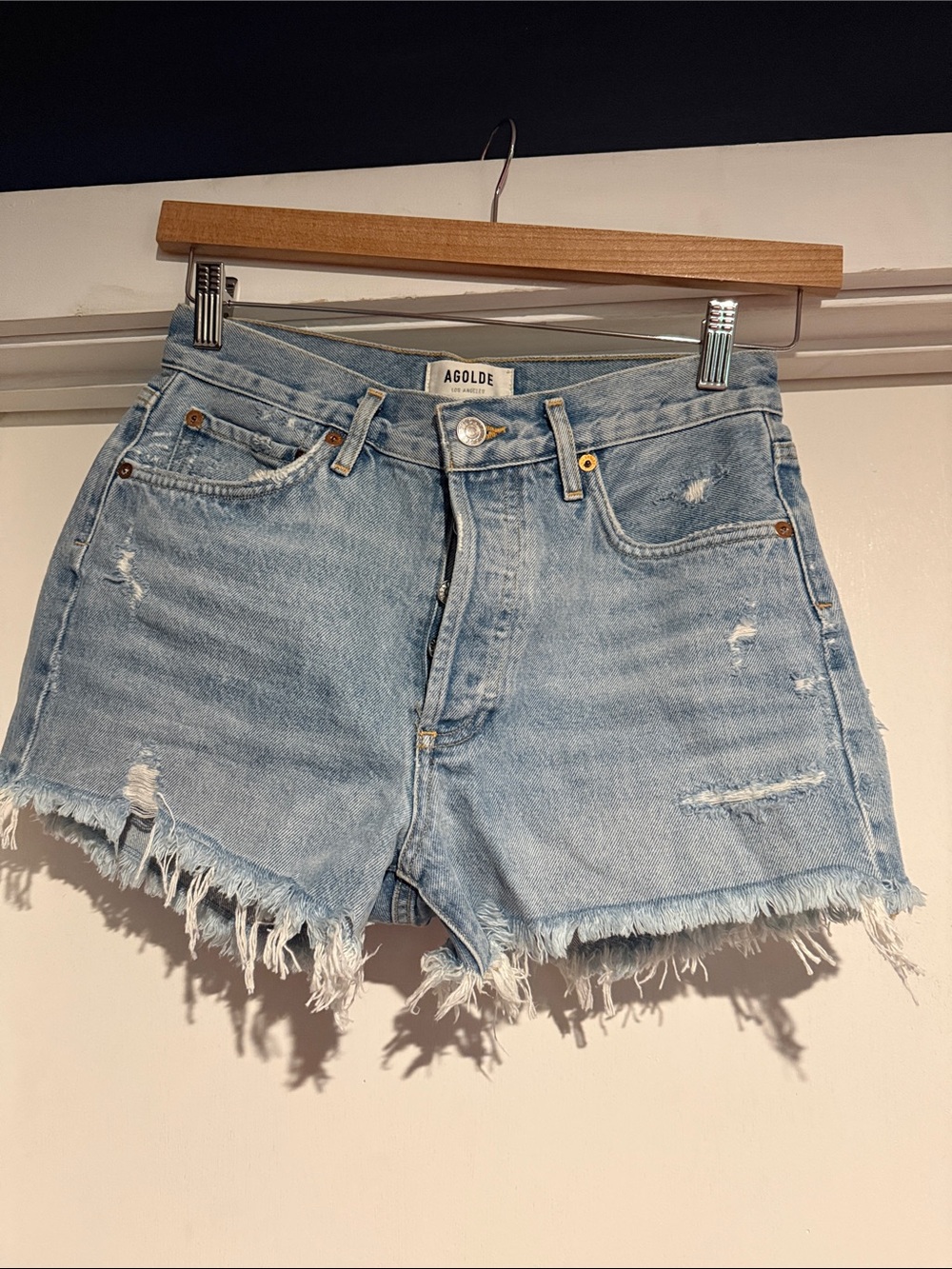 Agolde Light Wash Distressed Denim Cutoff Shorts